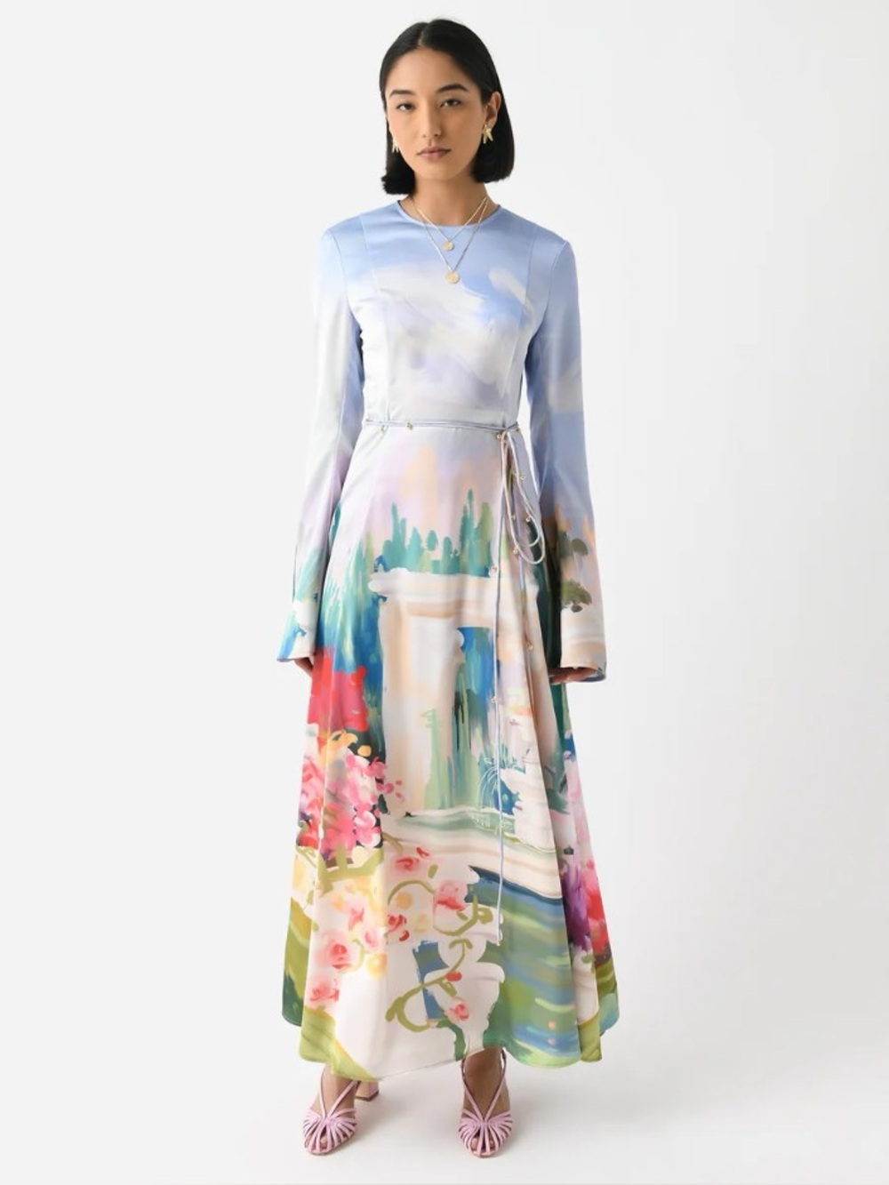 LEO LIN Francesca Watercolor Garden Print Bell Sleeve Maxi Dress AU8/US4 NWOT